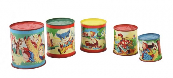 Vintage fifties toy set of six stackable tins