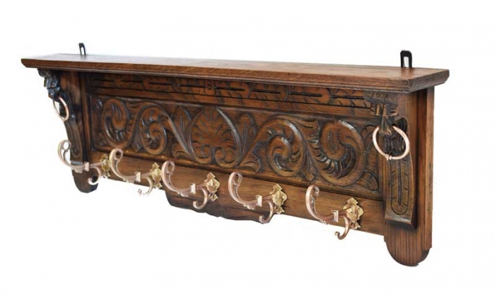 Antique Dutch oak wall mounted wooden coat rack