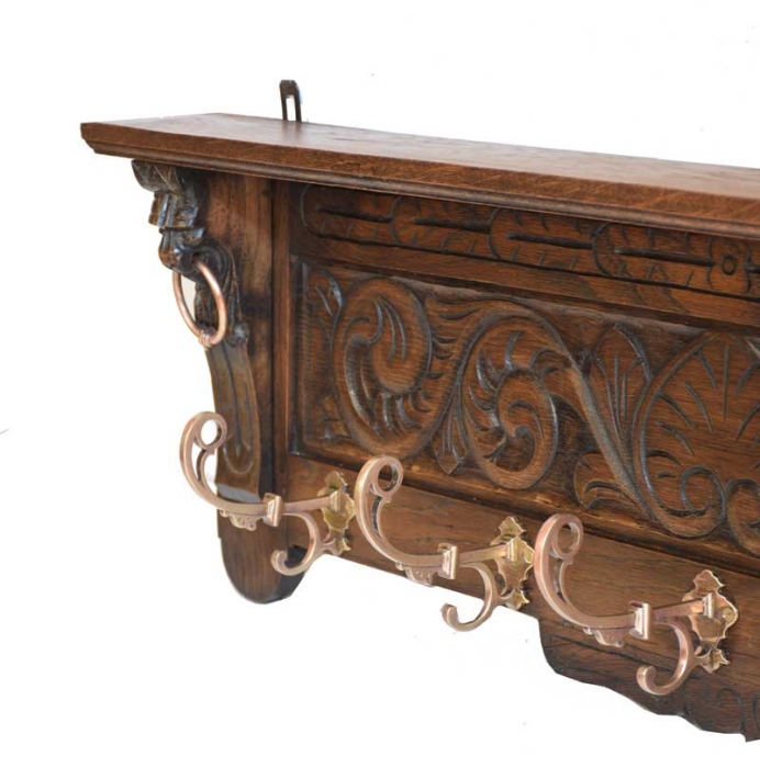 Antique Dutch oak wall mounted wooden coat rack