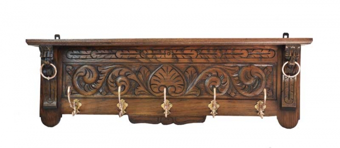 Antique Dutch oak wall mounted wooden coat rack