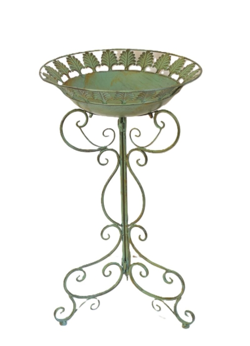 Green metal bird bath