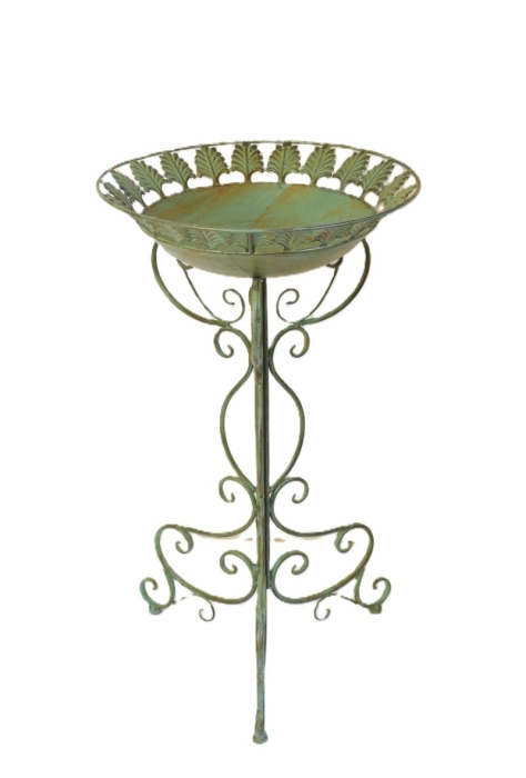 Green metal bird bath