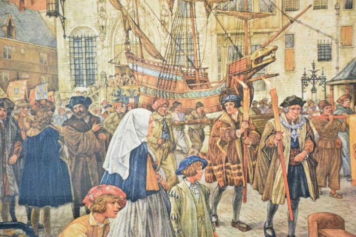 Schoolplaat Een gildeoptocht in Antwerpen (1520)