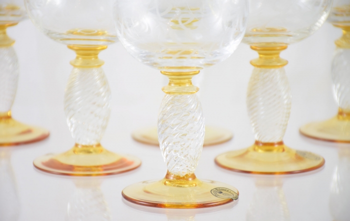 Set of six German Theresienthal hand engraved crystal wine glasses