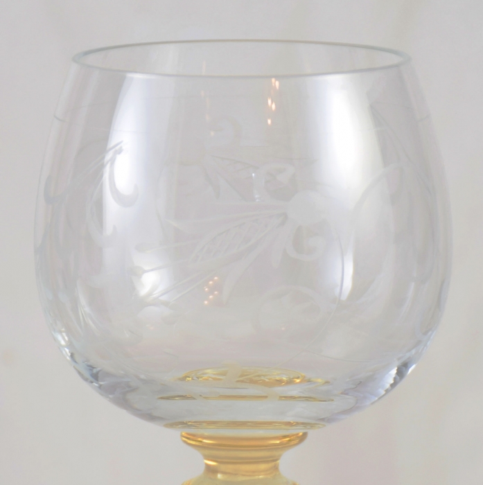 Set of six German Theresienthal hand engraved crystal wine glasses
