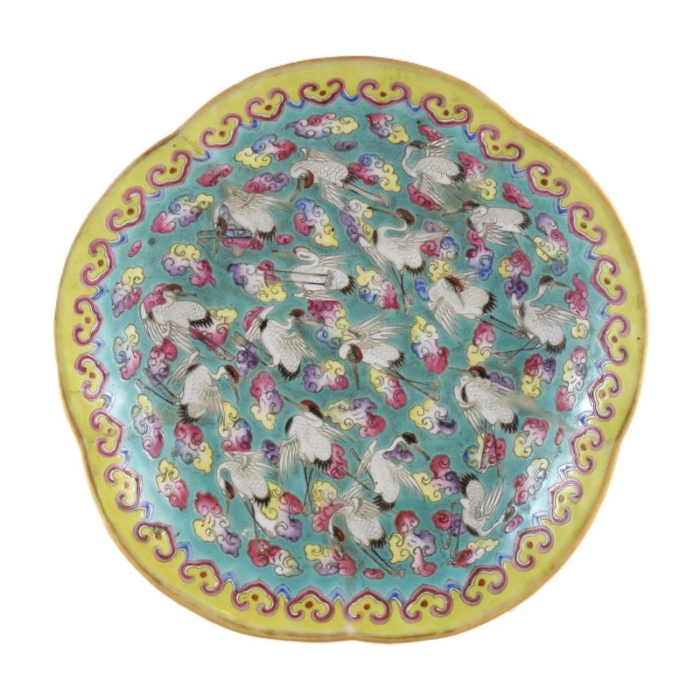An antique  Chinese porcelain pedestal dish with cranes