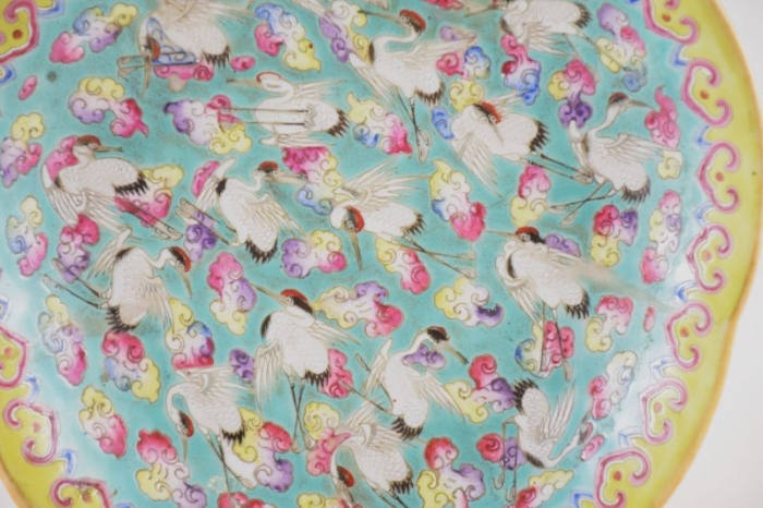An antique  Chinese porcelain pedestal dish with cranes