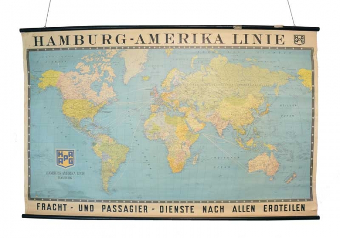 Grote wandkaart wereldkaart Hamburg-Amerika Linie