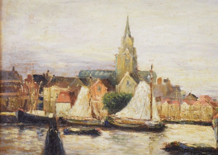 Oil on linen painting of  harbor view