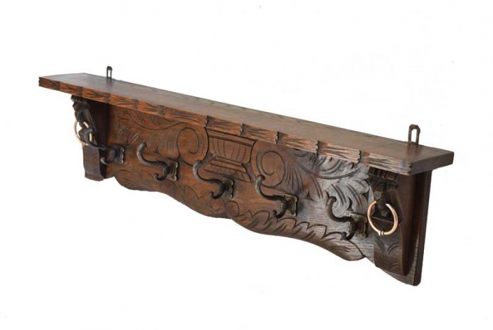 Antique Dutch wall mounted wooden hat and coat rack