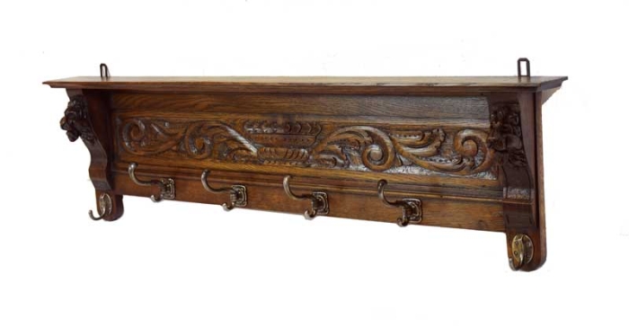 Antique Dutch oak wall mounted wooden coat rack m. ko 14
