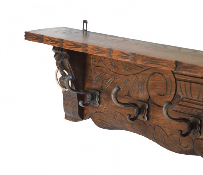 Antique Dutch wall mounted wooden hat and coat rack