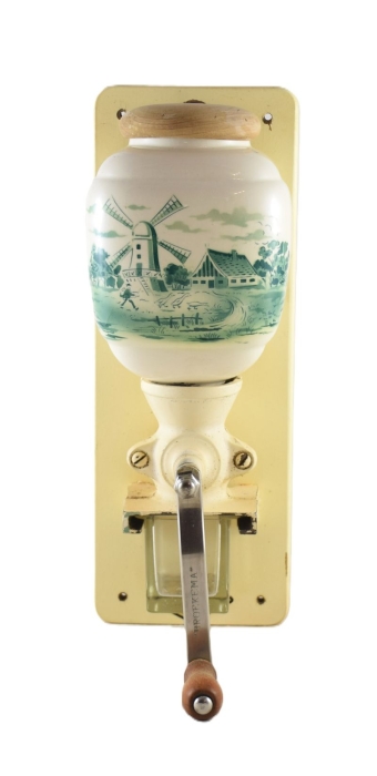 Vintage Dutch wall coffee grinder with green windmill nr. 3