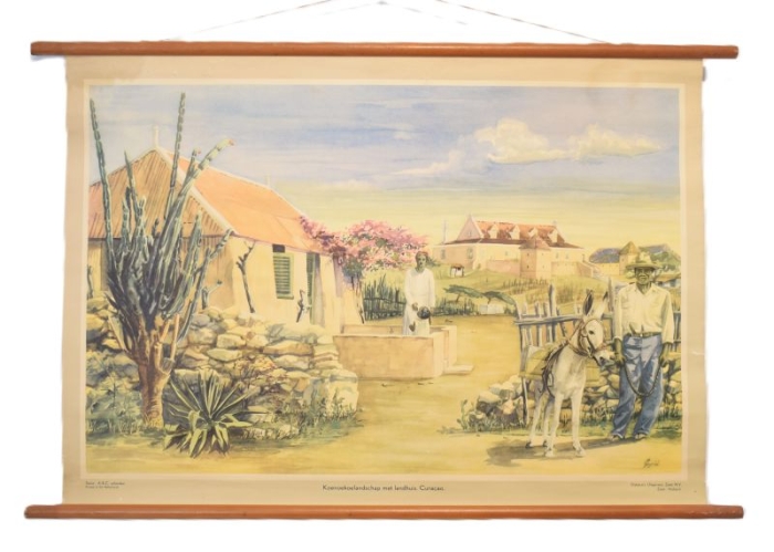 Vintage Dutch school chart Koenoekoe landschap met landhuis nr. 7