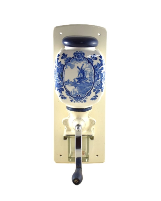 Vintage Dutch wall coffee grinder PeDe with blue windmill nr. 5