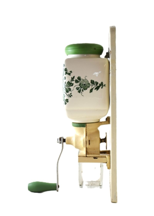 Vintage Dutch wall coffee grinder with green windmill nr. 4