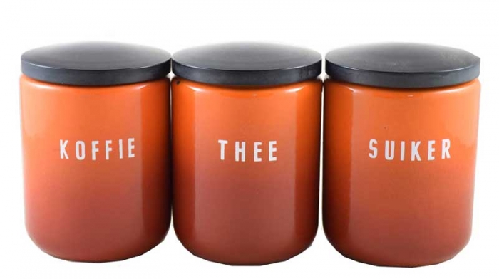 Antique kitchen canisters Koffie Thee Suiker smoky orange e. or 6