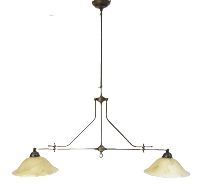 Vintage leestafel hanglamp met twee kappen Vintage leestafel hanglamp met twee kappen