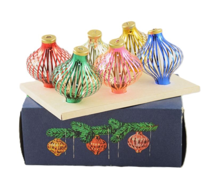 Zes retro Lauscha kerstdecoratie in doos k. d 11