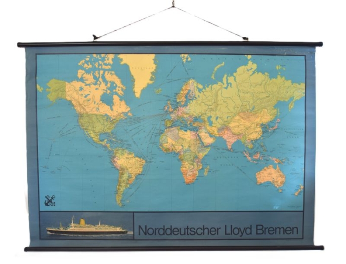 Vintage Duitse wandkaart Norddeutscher Loyd Bremen Vintage Duitse wandkaart Norddeutscher Loyd Bremen