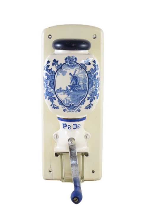Vintage Dutch wall coffee grinder PeDe with blue windmill nr. 5