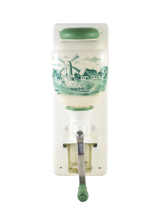 Vintage wall coffee grinder with green windmill nr. 1 Vintage wall coffee grinder with green windmill nr. 1