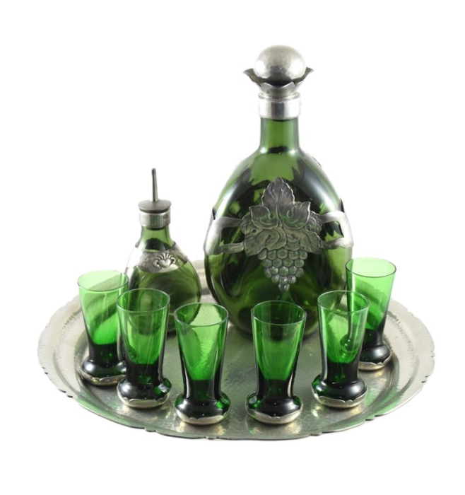 Gero Georg Nilsson decanter, elixir bottle, six small glasses and pewter tray