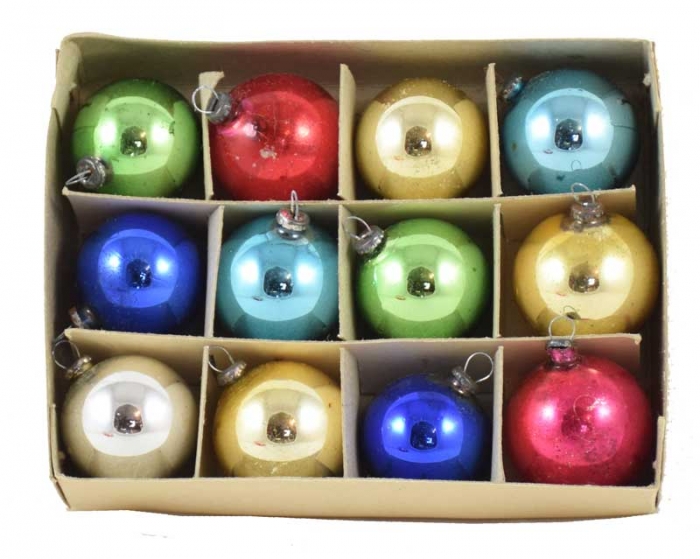 Twelve tiny mercury glass baubles in box