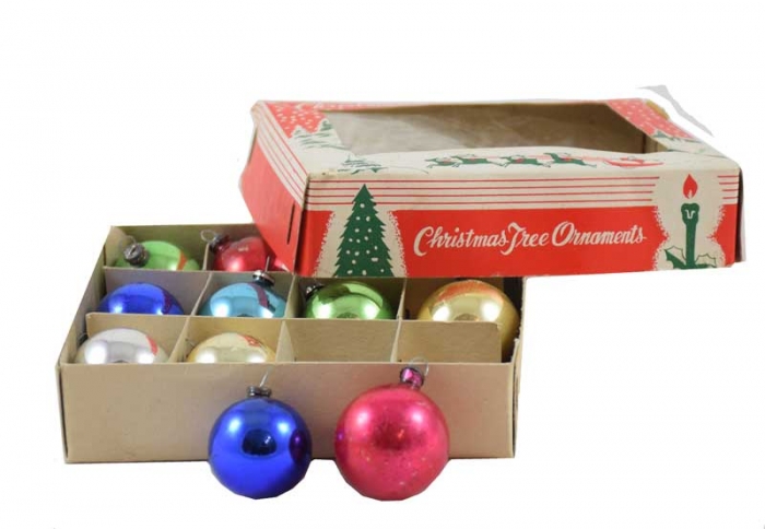 Twelve tiny mercury glass baubles in box