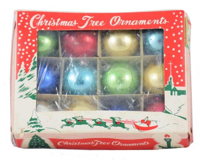 Twelve tiny mercury glass baubles in box