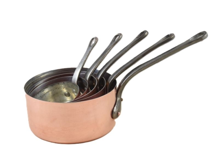 Vintage vijfdelige koperen pannenset kk. p 5 Vintage vijfdelige koperen pannenset kk. p 5