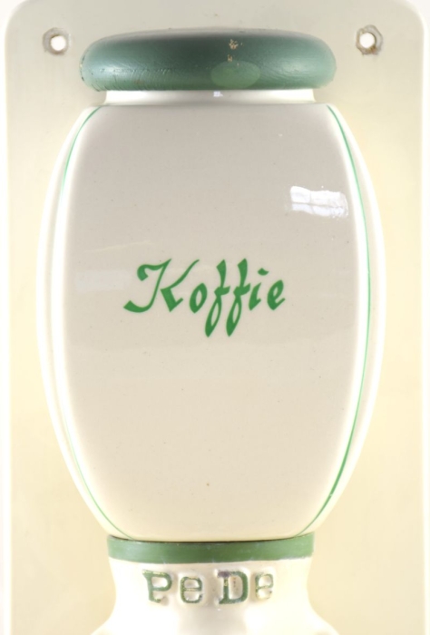 Vintage Dutch wall coffee grinder with green letters Koffie