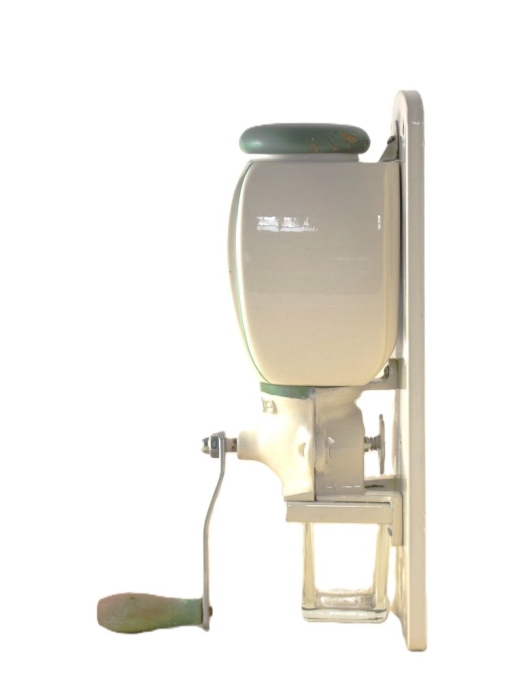 Vintage Dutch wall coffee grinder with green letters Koffie