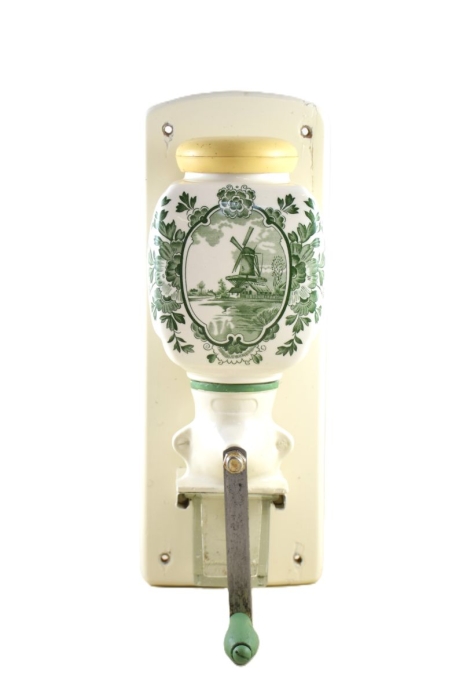 Vintage Dutch wall coffee grinder with green windmill nr. 3