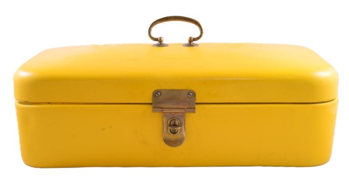 Antique German bread box yellow enamel e. ok 12