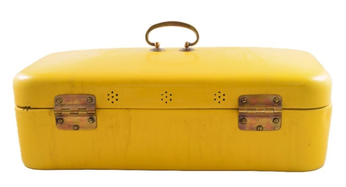Antique German bread box yellow enamel e. ok 12
