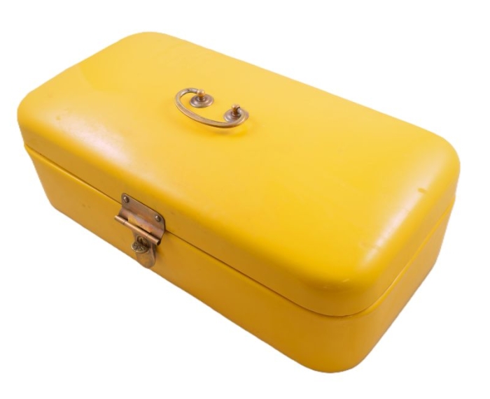 Antique German bread box yellow enamel e. ok 12