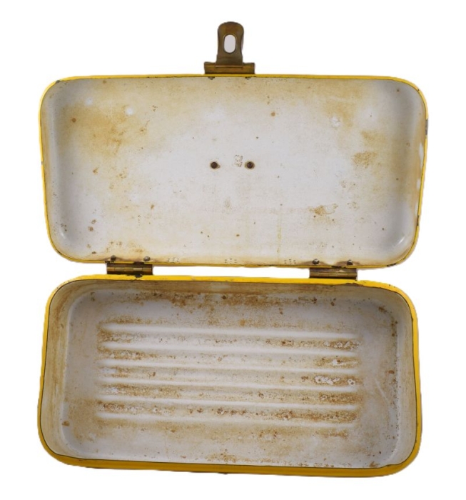 Antique German bread box yellow enamel e. ok 12