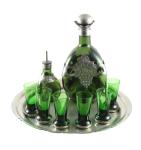 Gero Georg Nilsson decanter, elixir bottle, six small glasses and pewter tray
