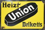 Emaille reclamebord Heizt Union Briketts Emaille reclamebord Heizt Union Briketts